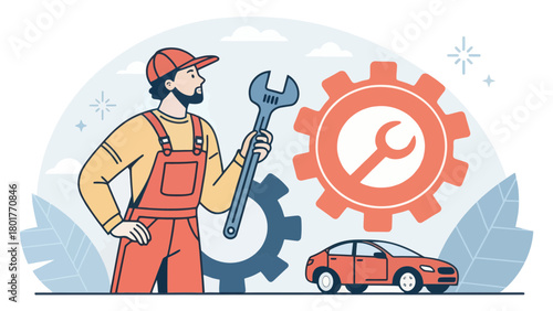Mechanic holding a wrench beside a car and gear design