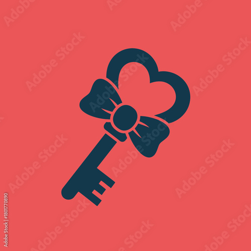 A dark blue key with a heart-shaped top and bow detail.