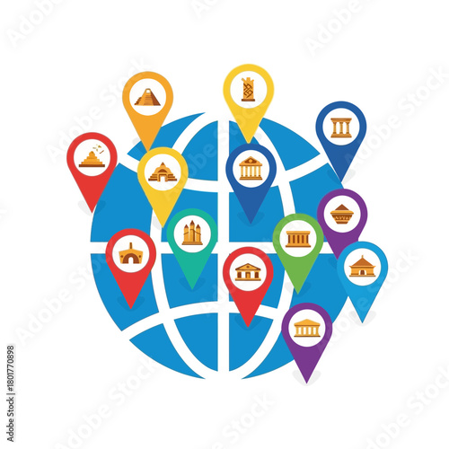 Globe with location markers indicating various places and buildings.