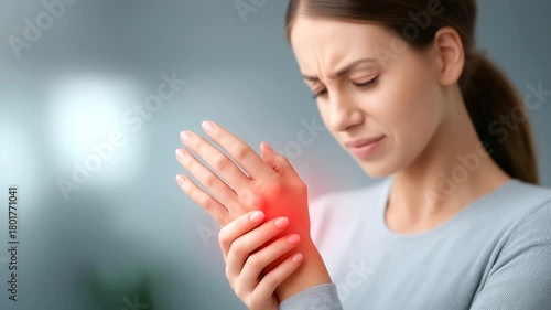 Woman hands holding wrist with pain indicator defocused arm, faceless carpal tunnel, medical visualization detail, blurred suffering background, numbness concept, syndrome interfac