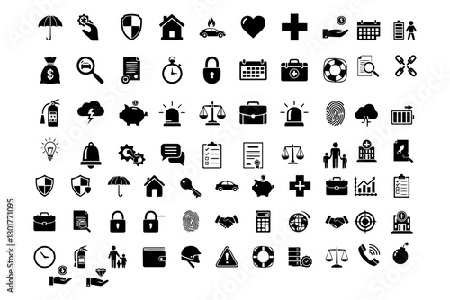Silhouette pack of 38 black Insurance and Protection solid icon set with pure white background