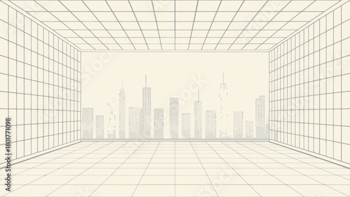 Minimal Vector City Skyline Seen Through a Grid Wall