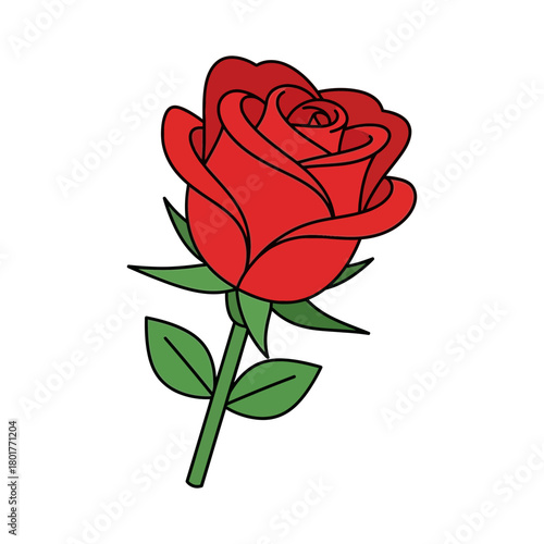 A red rose with green leaves and stem illustrated in a cartoon style.