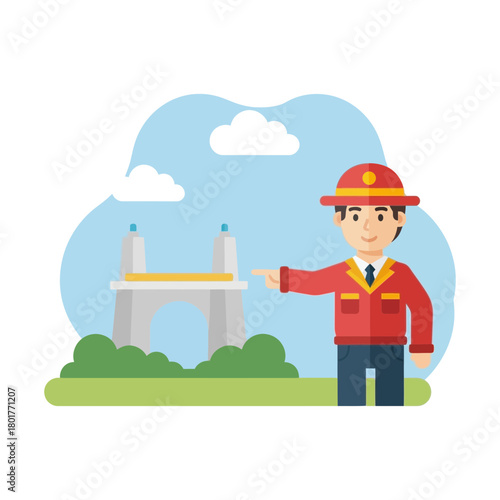 A cartoon firefighter points towards a bridge structure near green foliage and clouds.