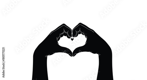 Silhouette of two hands forming a heart shape against a stark white background with a tiny heart detail