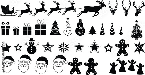 Christmas holiday silhouette icons set, Santa sleigh with reindeer, gift boxes, decorated trees, snowmen, stars, gingerbread men, angels vector illustration