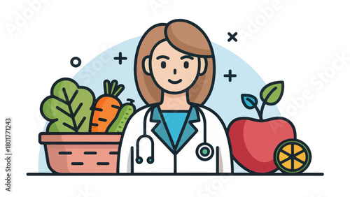 Nutritionist with stethoscope next to vegetables and an apple