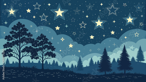 Night Sky Landscape Depicting Stars Trees and Clouds