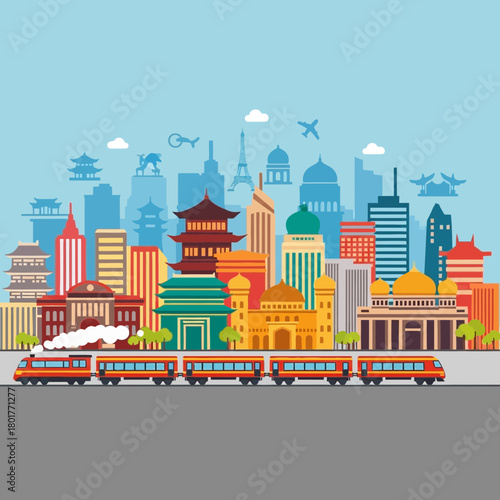 A colorful city skyline with a train passing in front of various buildings.
