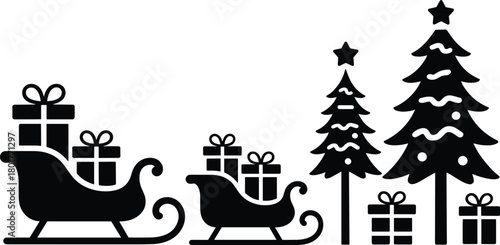 Christmas holiday silhouette scene, festive sleighs with gifts, decorated trees, presents under pine, winter celebration, seasonal ornament vector illustration