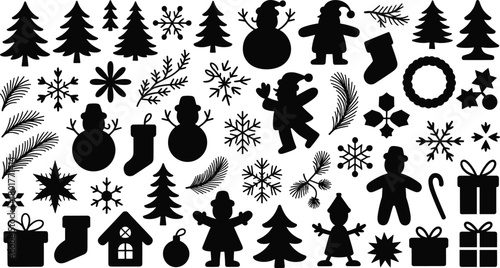 Christmas winter icon set, festive silhouette collection, Santa Claus, snowman, elf, gingerbread, wreath, tree, snowflake, holiday vector artwork