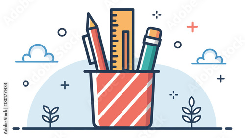 Pen holder with pencils and ruler in vector flat design