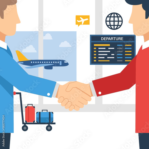 Two men shake hands near a luggage cart and airport departure information.
