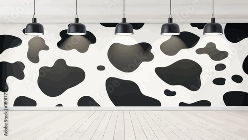 Room with cow print wallpaper and hanging pendant lights