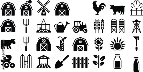 Farm, agriculture, barn, windmill, tractor, cow, rooster, crops, wheat, corn, sunflower, silo, fence, tool, shovel, pitchfork, watering, can, rural, vector, illustration