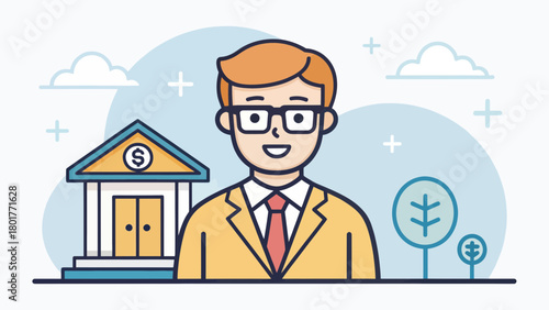 Smiling Loan Officer with Glasses in Front of a Bank Illustration