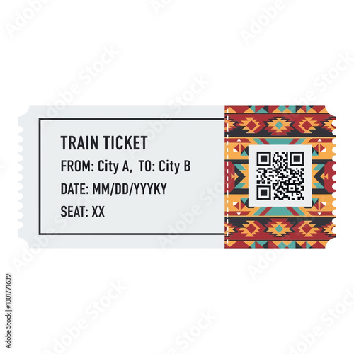 A train ticket displays text and a qr code with a decorative patterned border.
