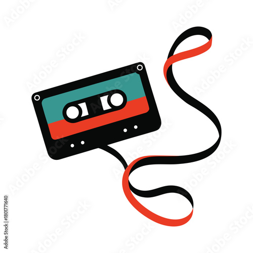 Retro cassette tape with magnetic ribbon trailing.
