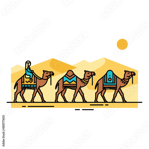 Three camels walk across a desert landscape with a rider on the first camel.