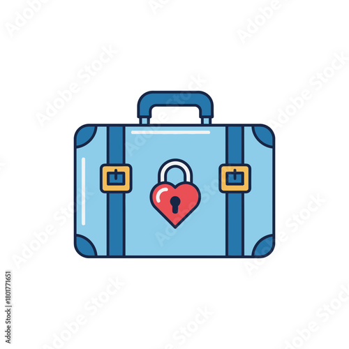A blue suitcase with a heart-shaped lock and handle.