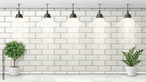 Three Lights Illuminating a White Tile Wall and Floor