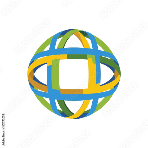 Abstract globe icon composed of intersecting colorful curved lines forming a sphere.
