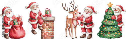 Santa Claus Christmas illustration set, chimney gift delivery, reindeer companion, tree decoration, holiday sack, festive cheerful seasonal artwork