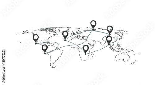 Global network of interconnected locations with pins and connecting lines on a world map