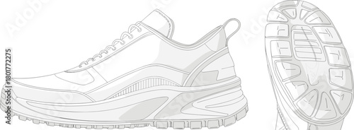Sneaker footwear illustration set, side view and sole tread design, detailed line drawing, sports shoe structure, fashion athletic artwork