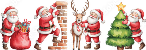 Santa Claus festive illustration set, Christmas tree decoration, reindeer companion, chimney gift delivery, holiday sack, cheerful seasonal artwork