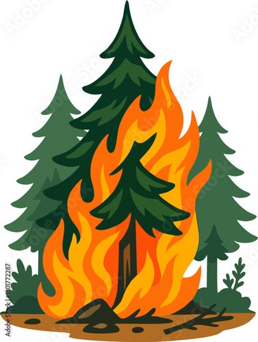 Vector illustration of wildfire in pine forest, flat design style burning trees and flames