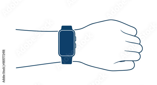 Minimalist line drawing of a hand wearing a dark blue fitness tracker band on a white background