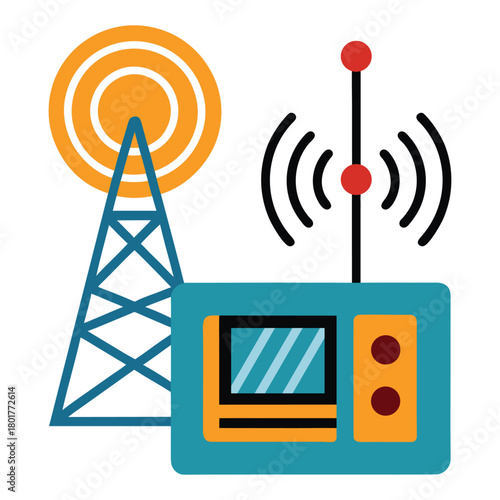 Retro radio transmitter with antenna and sound waves.