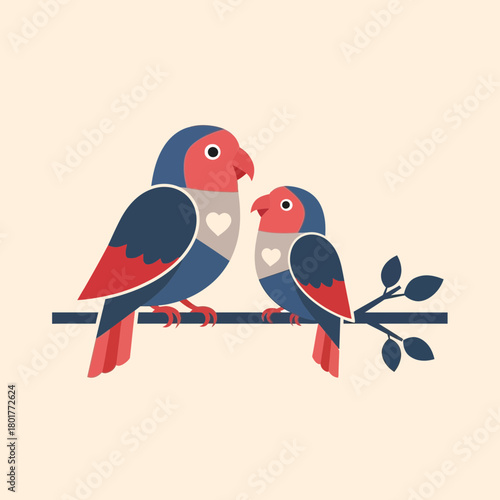 Two stylized birds perch on a branch featuring red blue and white colors.