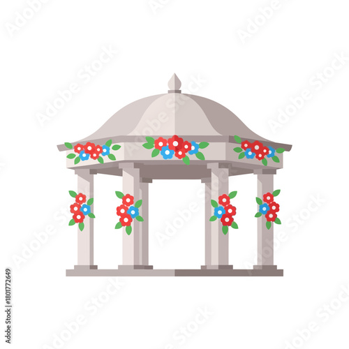 A white gazebo with floral decorations and columns stands upright.