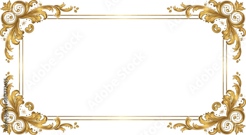 Ornate gold rectangular frame with floral elements isolated on white background