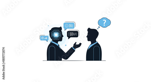 Two silhouetted business people in conversation with speech bubbles and a question mark symbolizing communication and inquiry