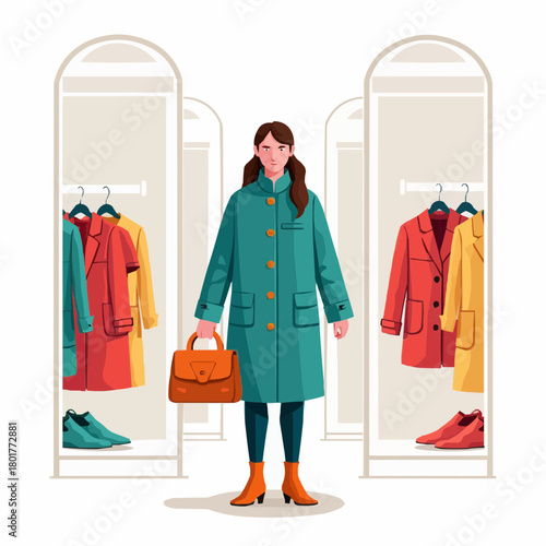 Woman in modern coat standing in clothing store with mirrors