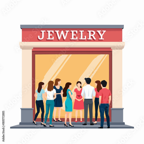 Group of people admiring jewelry display in modern storefront  