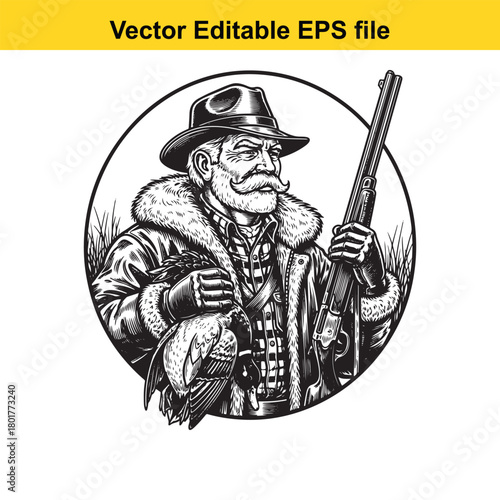 Victorian hunter with shotgun and duck, black and white illustration, vector art, isolated on