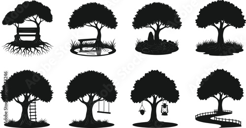 Tree silhouettes with bench, pond, gravestone, ladder, swing, lantern, birdhouse, wooden path, symbolic outdoor nature, cad drawing flat vector illustration