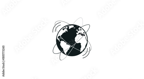 Stylized black and white illustration of planet earth with orbiting lines representing global connectivity and technology