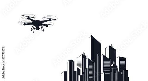 Modern drone delivering package over futuristic city skyline with tall skyscrapers against white background