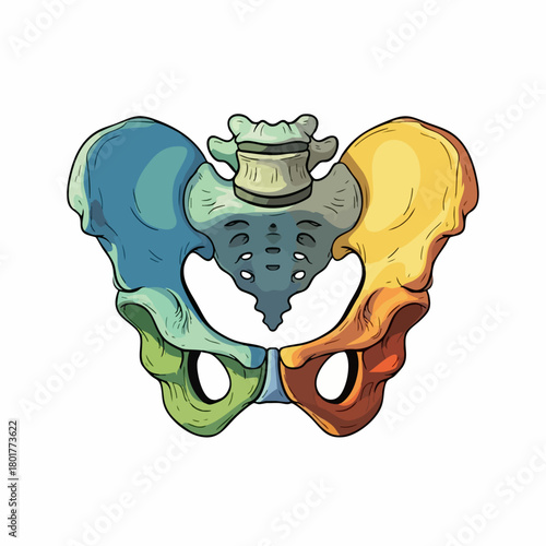 Anatomical illustration of pelvis exhibiting colorful segments isolated on white background. Pelvis anatomy shows bony structure representing hip bones, sacrum, and coccyx in vibrant hues,