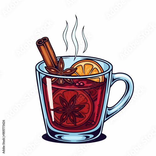 Festive mulled wine served in glass cup with anise star and cinnamon stick is perfect for winter holidays. Enjoy hot mulled wine to keep you warm.