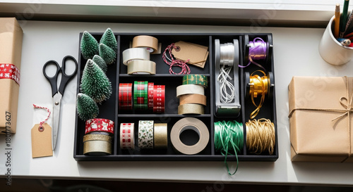 Christmas gift wrapping station, overhead view, festive colors, tools