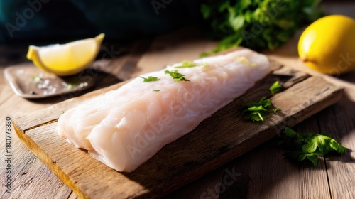Fresh Raw Cod Fillet on Wooden Board with Herbs and Lemon. Generative AI