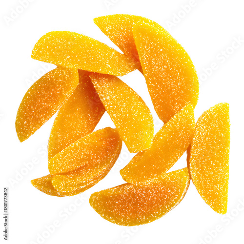 Delicious Mango Slices Background with Sugar. Top View of Fresh Fruit. Vibrant and Sweet Tropical Image.