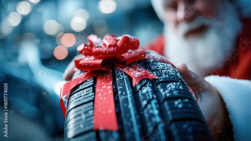Santa Claus presenting a car tire wrapped with a red ribbon as a holiday gift