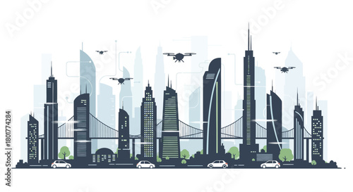 Futuristic city skyline with modern skyscrapers and flying drones navigating the urban landscape